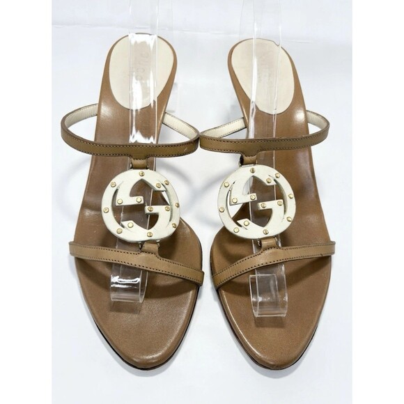 Gucci Brown Strappy Sandals Heels w/ White GG Logo Vintage Y2K Sz EU 35.5 5.5 - Picture 1 of 11